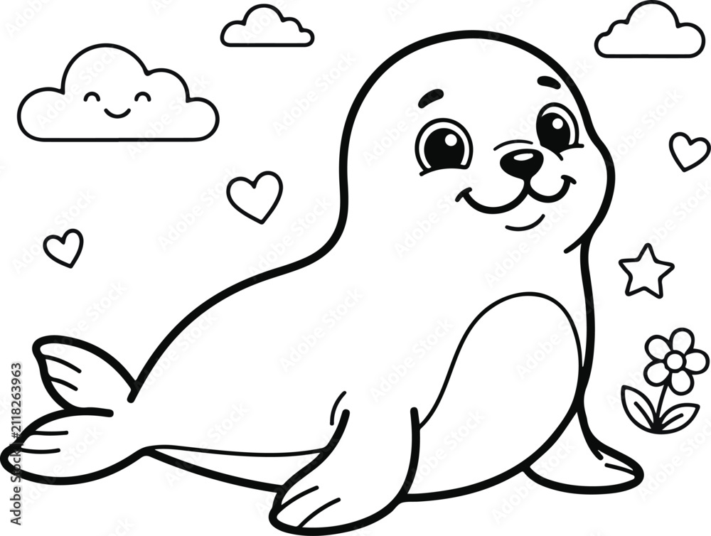 Fototapeta premium Cute cartoon seal coloring page for kids