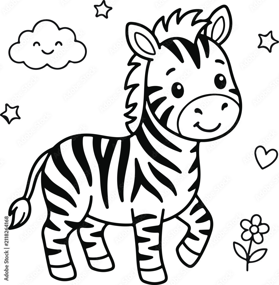 Obraz premium Cute cartoon zebra walking with stars, a smiling cloud, a heart, and a flower