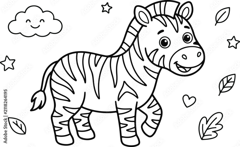 Obraz premium Cute cartoon zebra walking with leaves, stars, a smiling cloud, and a heart