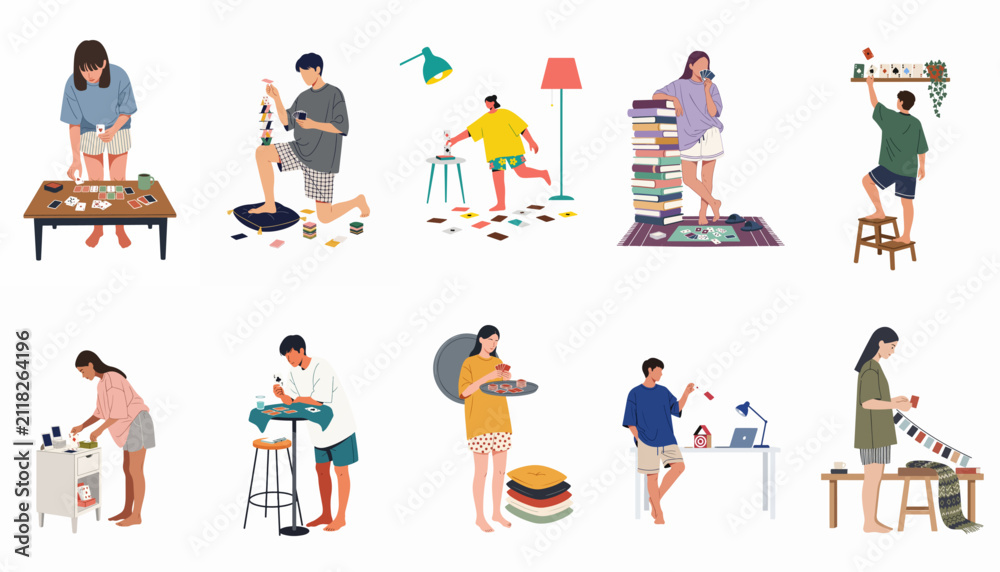 Fototapeta premium Flat illustration set of diverse people enjoying various solo activities and games with playing cards in a comfortable home environment.