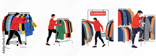 Fotografie A man shopping for clothes during a sale, browsing winter jackets and coats on racks with discount and clearance signs