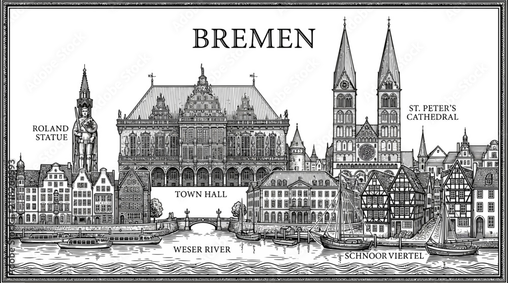Obraz premium Bremen Cityscape Sketch: Town Hall, St. Peter's Cathedral, Roland Statue, Weser River, Schnoorviertel