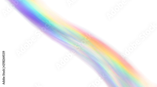 Prismatic rainbow light leak on white background, ethereal holographic lens flare, soft pastel spectrum refraction for creative overlays