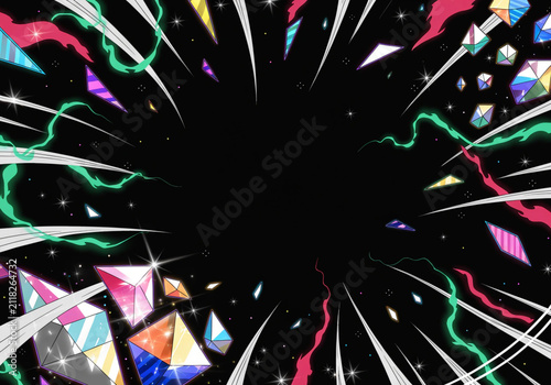 Glowing colorful crystals and magical light streaks radiating in dark space, abstract background