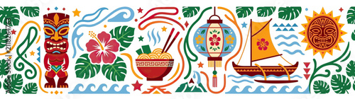 Tropical Island Celebration with Tiki, Hibiscus, and Sailboat