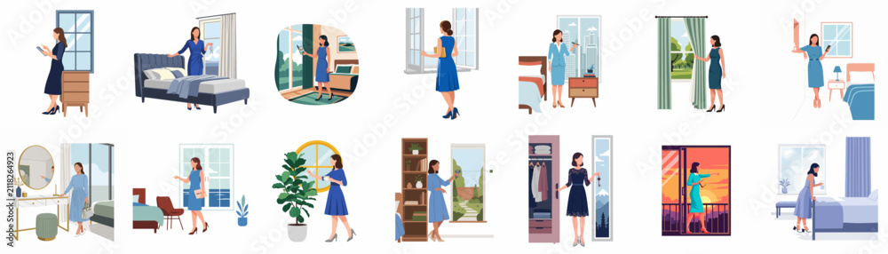 Obraz premium Collection of flat vector illustrations featuring a woman in various elegant modern interior settings, including bedrooms, hotel rooms, and balconies.
