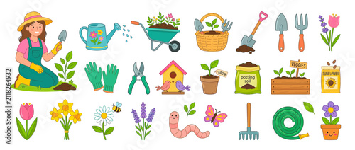 Gardening tools, plants, and supplies illustration set