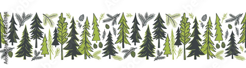 Hand-drawn evergreen forest border with pine cones.