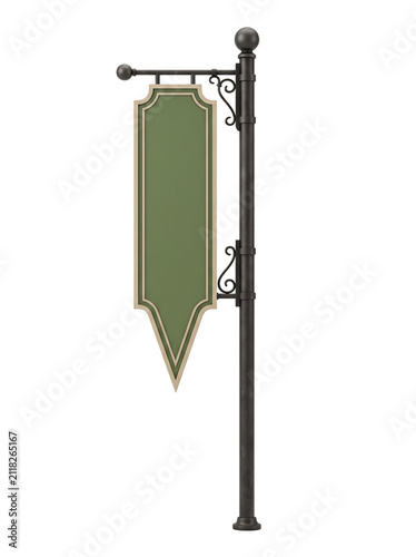 3D retro roadside sign, Blank vintage green signboard on dark metal pole hanging mockup