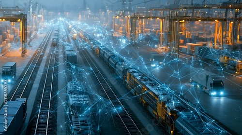 Global blockchain freight gateway, synchronized cargo trains, electric logistics trucks and automated port cranes linked through glowing digital supply chain grid,