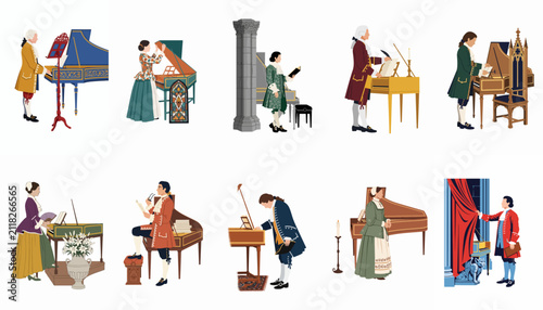 фотографія Collection of flat vector illustrations of people in 18th-century attire playing and interacting with historical harpsichords