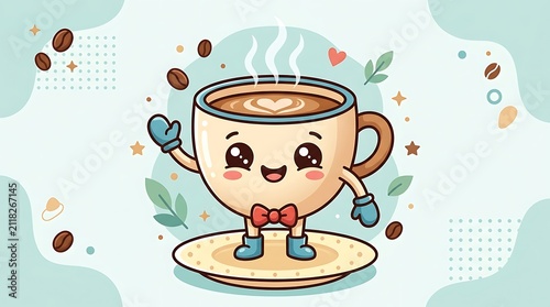 Kawaii Coffee Cup Character Waving Hello with Steam and Heart Latte Art, Cheerful Beverage Icon for Cafe and Breakfast Marketing