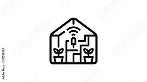 Foto Greenhouse icon incorporates wireless connectivity symbols and potted plants to represent modern automated agricultural technology