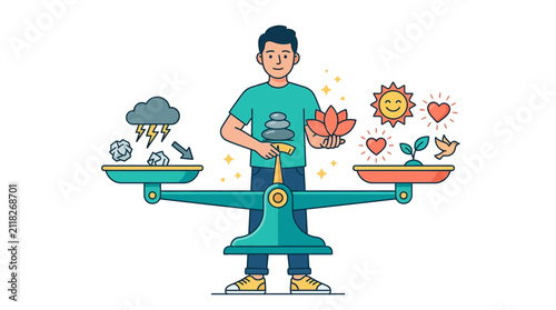 Bild auf Leinwand Man balances stormy clouds against sunny symbols on a scale to depict the importance of emotional well-being and finding inner peace through mindfulness and intentional daily choices for healthy