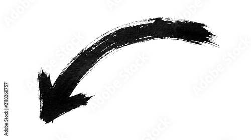 Hand-painted black ink arrow, curved brush stroke pointer on white background, expressive calligraphy direction symbol for creative design