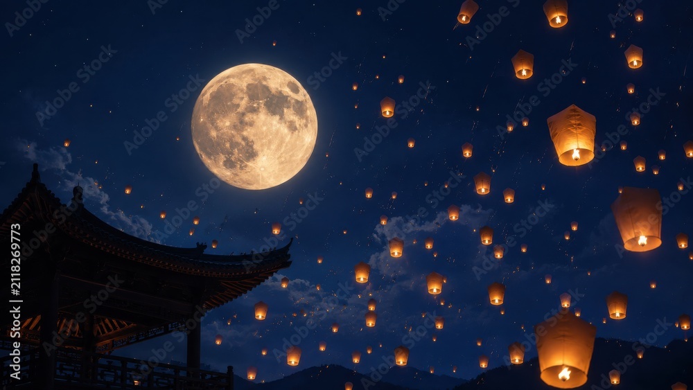 Fototapeta premium Full Moon Night with Floating Lanterns and Traditional Asian Architecture Silhouette.