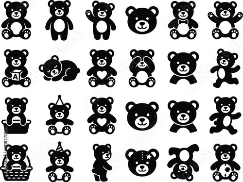 Teddy Bear Silhouettes Collection Black Vector Illustration On White Background