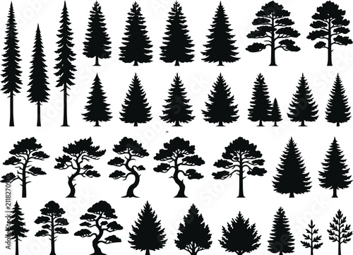 Collection Of Tree Silhouettes Black Vector Illustration