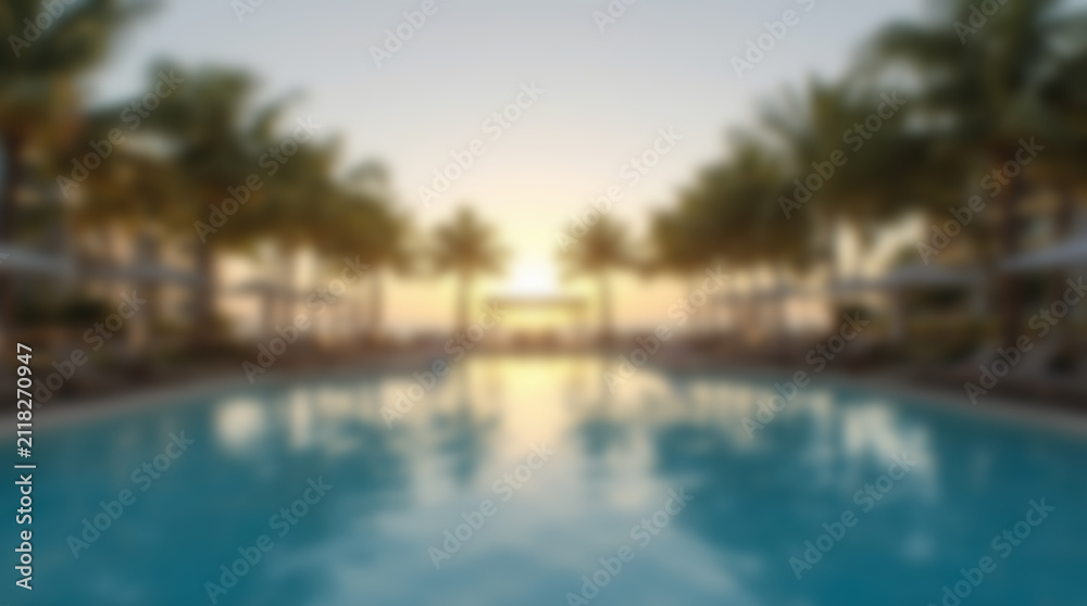 Fototapeta premium Tropical Resort Swimming Pool at Sunset with Palm Trees and Ocean View.