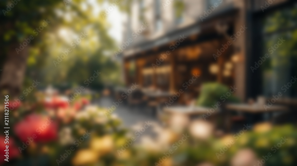Fototapeta premium Charming Parisian Cafe Terrace Surrounded by Lush Flowers and Greenery.