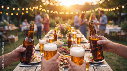 Friends raise craft beer bottles and glasses along a summer party table for a lively International Beer Day promotional image