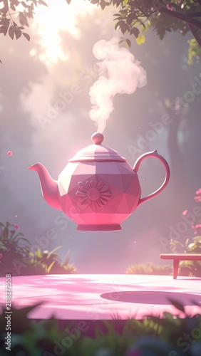 Surreal 3D Render of a Floating Pink Teapot with Steam in a Magical Dreamy Forest Atmosphere