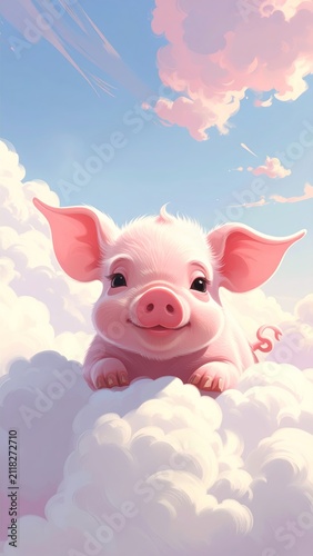 Cute pink piglet sitting happily on soft fluffy clouds in a blue sky with pink clouds, adorable digital illustration