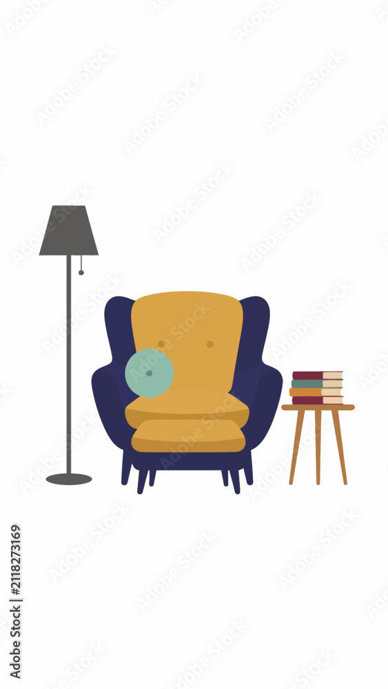 Fototapeta premium Flat Vector Illustration of a Comfortable Reading Chair - Minimalist 2D Digital Art Design on a Clean White Background