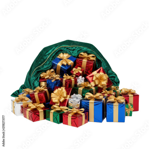 Large forest-green velvet sack overflowing with metallic foil wrapped presents tied with shimmering gold satin bows in a bright minimalist studio holiday abundance