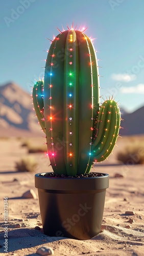 Festive Potted Cactus Decorated with Glowing Multi-colored Christmas Lights in a Desolate Desert Landscape