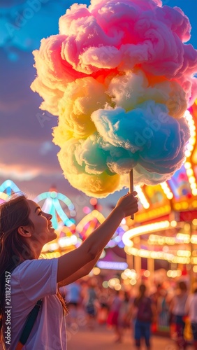 Happy young woman holding giant rainbow cotton candy at a night amusement park
