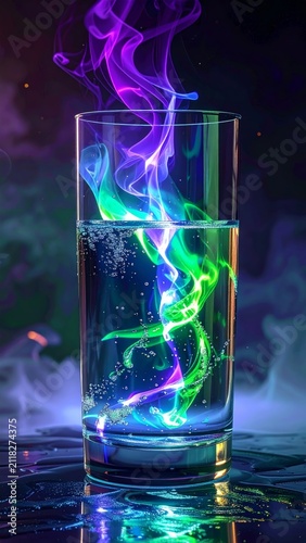 Vibrant multicolored magic smoke swirling inside a glass of water with glowing neon trails and ethereal illumination