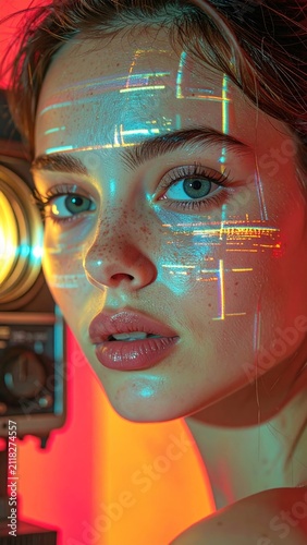 Futuristic portrait of a young woman with holographic digital data and code projections on her face in neon lighting