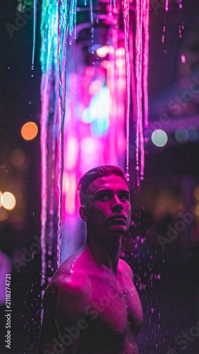 Portrait of an athletic man standing under a glowing neon rainfall display during a nighttime outdoor festival event with artistic lighting