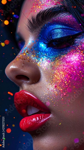 Close up portrait of a woman with vibrant colorful glitter makeup and glossy red lips