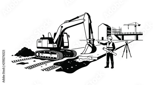Bild auf Leinwand Construction worker wearing a hard hat monitors an excavator at a developing building site
