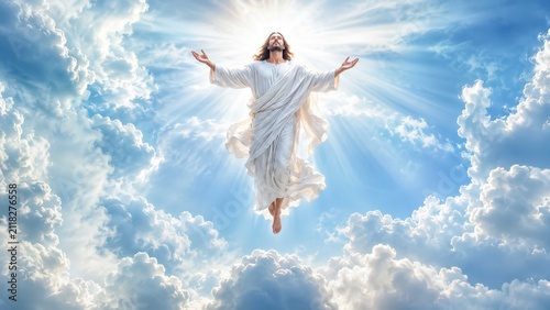 The depiction of Jesus ascending into heaven surrounded by clouds and divine light. His arms are outstretched, and he gazes upwards in a moment of spiritual transcendence