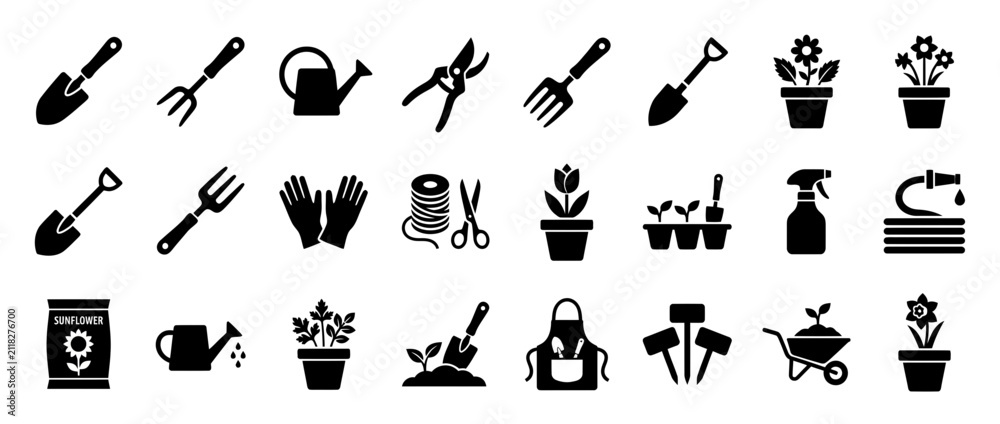 Obraz premium Gardening Tools and Supplies Icon Set