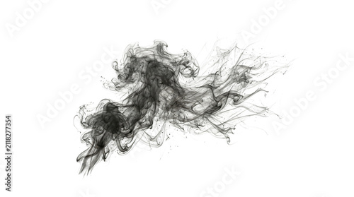 Ethereal black smoke swirl on white background, wispy dark ink cloud texture, abstract charcoal vapor trail for design overlays