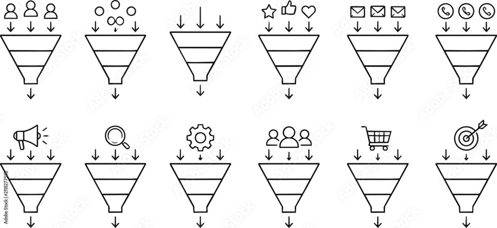 Fototapeta premium Marketing Sales Conversion Process Funnel Line Icons Collection