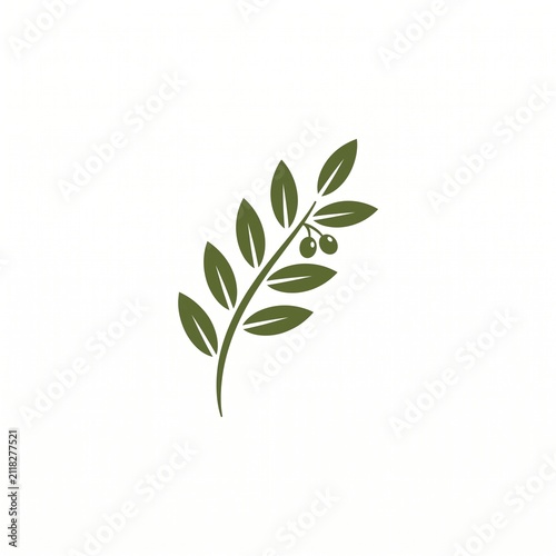 Green vector illustration of an olive branch with leaves and olives, isolated on a clean white background.