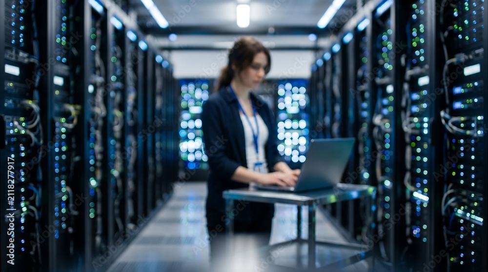 Fototapeta premium Professional young woman IT technician working on laptop in modern data center with glowing server racks in background for network security monitoring