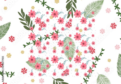 Textile spring flowers pattern. Floral pattern with small flowers in pink, yellow, cream tones. For spring, summer prints, packaging, cute stationery, kitchen decor, fabric design, isolated background