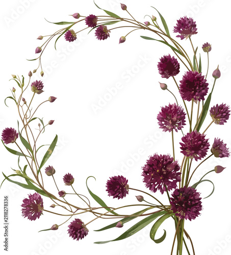 Elegant Purple Allium Botanical Wreath Frame with Delicate Wildflowers Isolated on a Clean White Background for 2026 Spring Design Trends