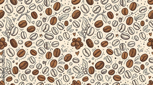 Seamless Pattern of Hand-Drawn Coffee Beans and Leaves on Light Beige Background, Ideal for Cafe Decor and Packaging Design