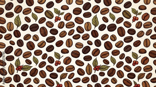 Seamless Coffee Bean Pattern Background with Leaves and Berries, Fresh Breakfast Beverage Concept, Organic Food Graphic