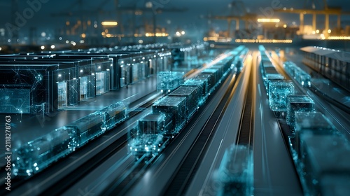 Autonomous freight corridor linking blockchain warehouse, cargo trains and smart seaport, luminous digital supply chain network,