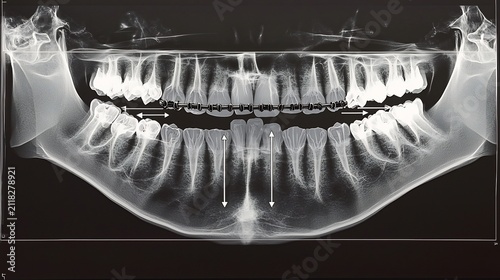 Panoramic Dental X-ray showing Orthodontic Braces and White Arrows Highlighting Planned Tooth Movement for Corrective Jaw Alignment and Care
