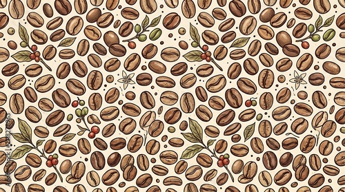 Roasted Coffee Beans Pattern Seamless Background with Green Leaves and Berries for Cafe and Beverage Marketing