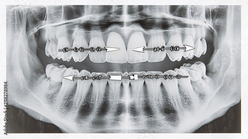 Stylized Dental X-ray Illustration of Teeth with Orthodontic Brackets and White Arrows Indicating Direction of Tooth Movement and Alignment